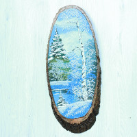 14160903 - Картина на спиле дерева одинокая береза 60 см зима