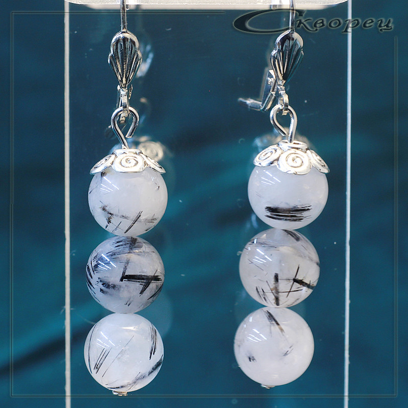 431103 - Серьги три шарика из агата волосатика