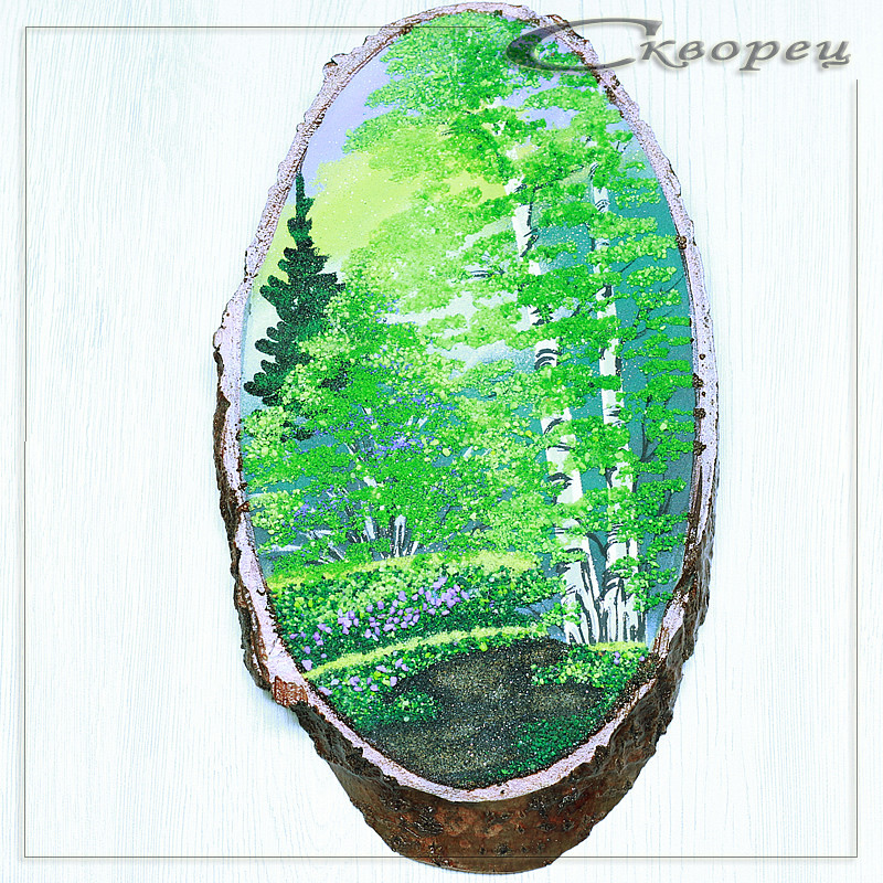 14160337 - Картина на спиле дерева лесная тропинка 30 см лето.